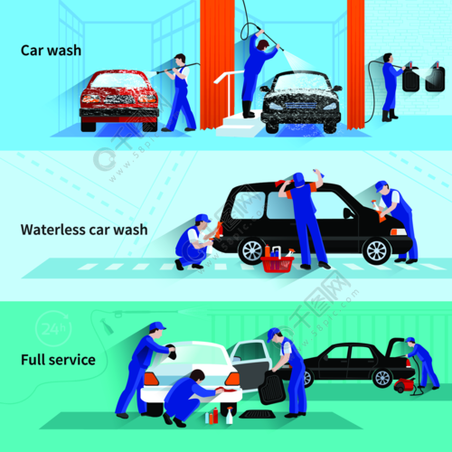 3平横幅全方位服务的洗车服务员团队清洁车辆3平横幅抽象矢量孤立的图